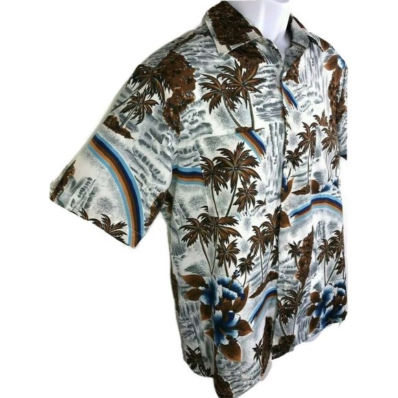 Vtg 80's? Men's Van Cort Gray Blue Brown Palms Hawaiian Short Slv Shirt Medium M - Picture 3 of 6